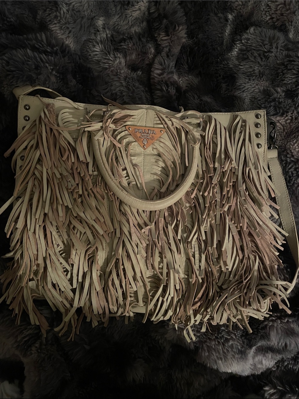 Prada Fringe Leather Tote in Beige and Taupe